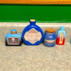 Set of 4 bottles hand painted vintage Halloween poison apothecary potion decor